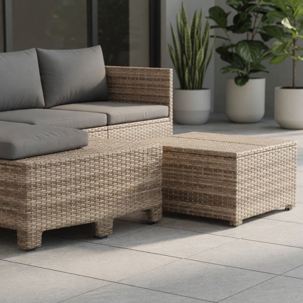4-Delige Modulaire Polyrotan Balkonloungeset Grijs met Tafel & Hocker – Tuinlounge Set Hoekdeel + Midden + Voetensteun – Weerbestendige Tuinmeubelen met Kussens & Opbergruimte – IndustroHome