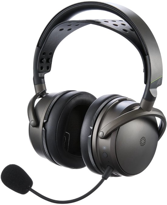 Donkergrijze gaming headset met een flexibele microfoon en zwarte oorkussens.