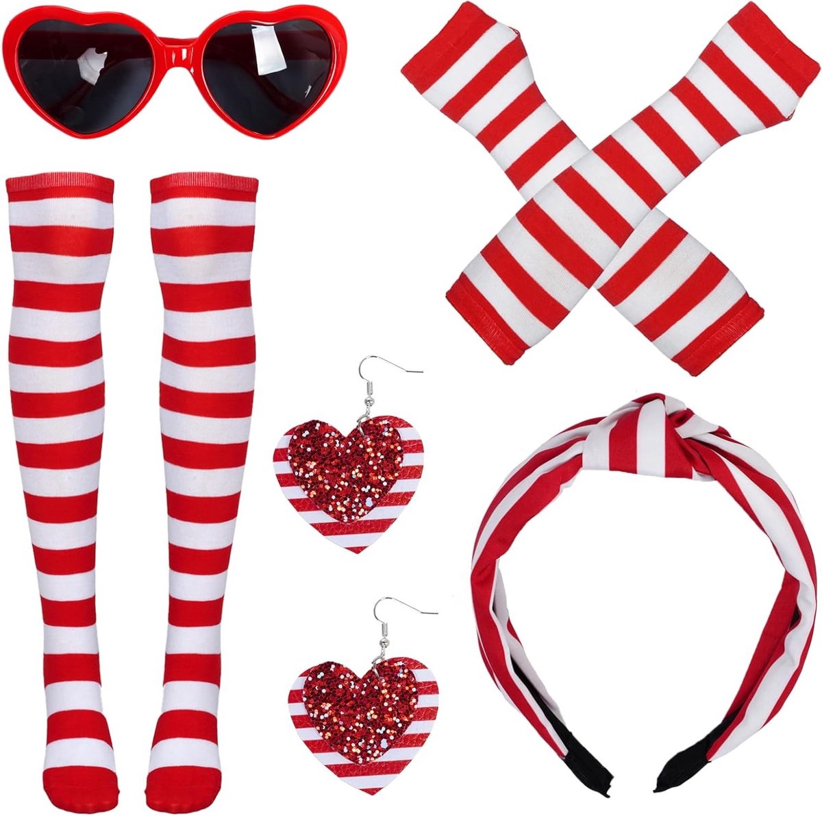 Carnaval Kostuum met Rood-Witte Gestreepte Hoofdband, Kniekousen, Hartvormige Bril en Oorbellen voor Feestelijke Thema Party Accessoires