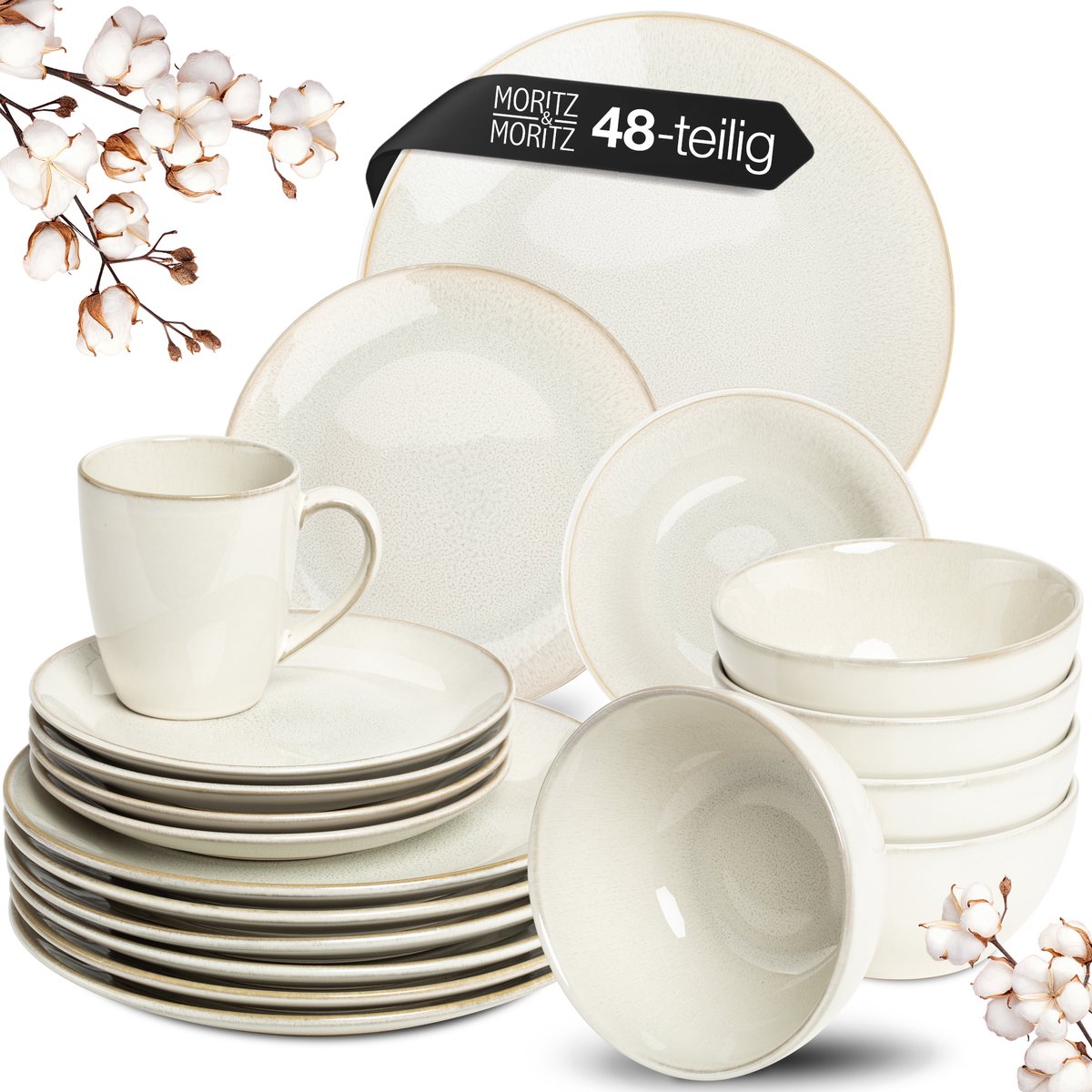Moritz & Moritz SENSE 48-delige Serviesset voor 12 Personen – Modern Servies Aardewerk Beige – Borden set met dinerborden, dessertborden, soepborden en kopjes