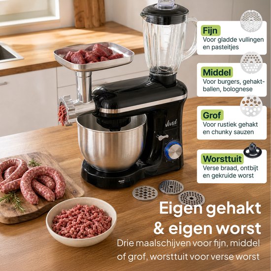 Vivid Green 2000W Keukenrobot - 6.2L - Alles-in-een Keukenmixer - Mixer met Mengkom - Keukenmachine - Gehaktmolen en Blender- Pastamachine – Zwart