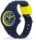 Donkerblauw horloge met gele lunette, cyaan wijzerplaat met gele cijfers en wijzers.