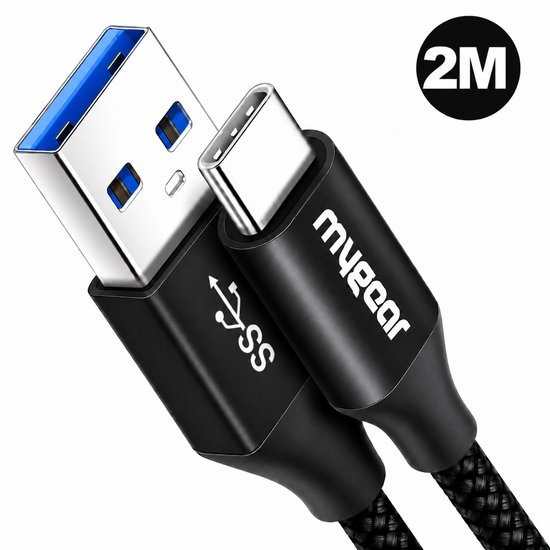 Zwarte 2M gevlochten kabel met USB-A 3.0 en USB-C connectoren.