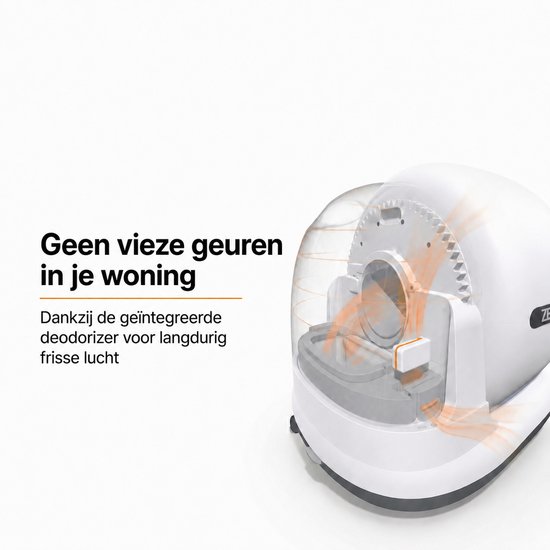 Illustratie van de zelfreinigende Zedar kattenbak met geïntegreerde deodorizer voor langdurig frisse lucht.