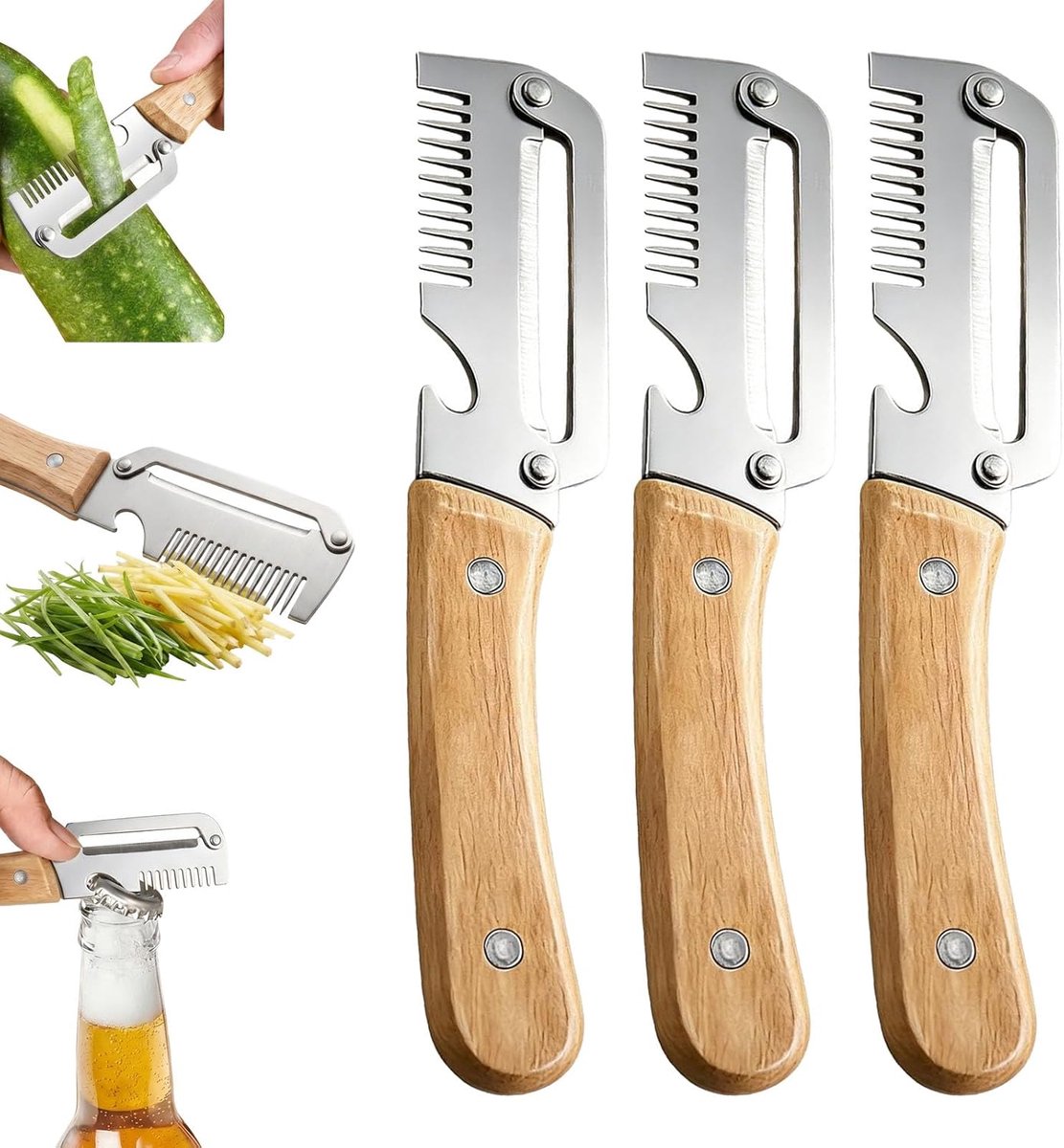 OLOEY 3-in-1 multifunctionele fruit-en groenteschiller–Glad-elegant houten keukengereedschap met houten handvat-combineert snij-flesopener-en fruit-en groenteschilfuncties(3-delige set)
