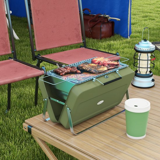 Kofferbarbecue, mini-houtskoolbarbecue, opvouwbaar, met houtskoolbak en asopvangbak, metalen behuizing, groen van Merkloos — afbeelding 2