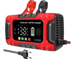 Acculader -Accu Druppellader - 12V/24V 10A - met Reparatiemodus & LCD Display - Druppellader - Druppellader voor Auto, Motor, Scooter, Boot & Camper - Rood