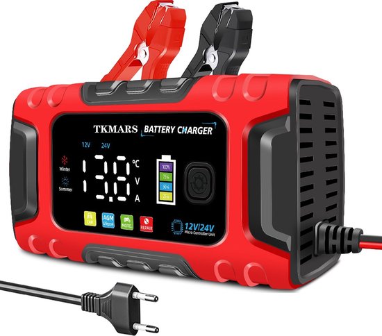 Acculader -Accu Druppellader - 12V/24V 10A - met Reparatiemodus & LCD Display - Druppellader - Druppellader voor Auto, Motor, Scooter, Boot & Camper - Rood