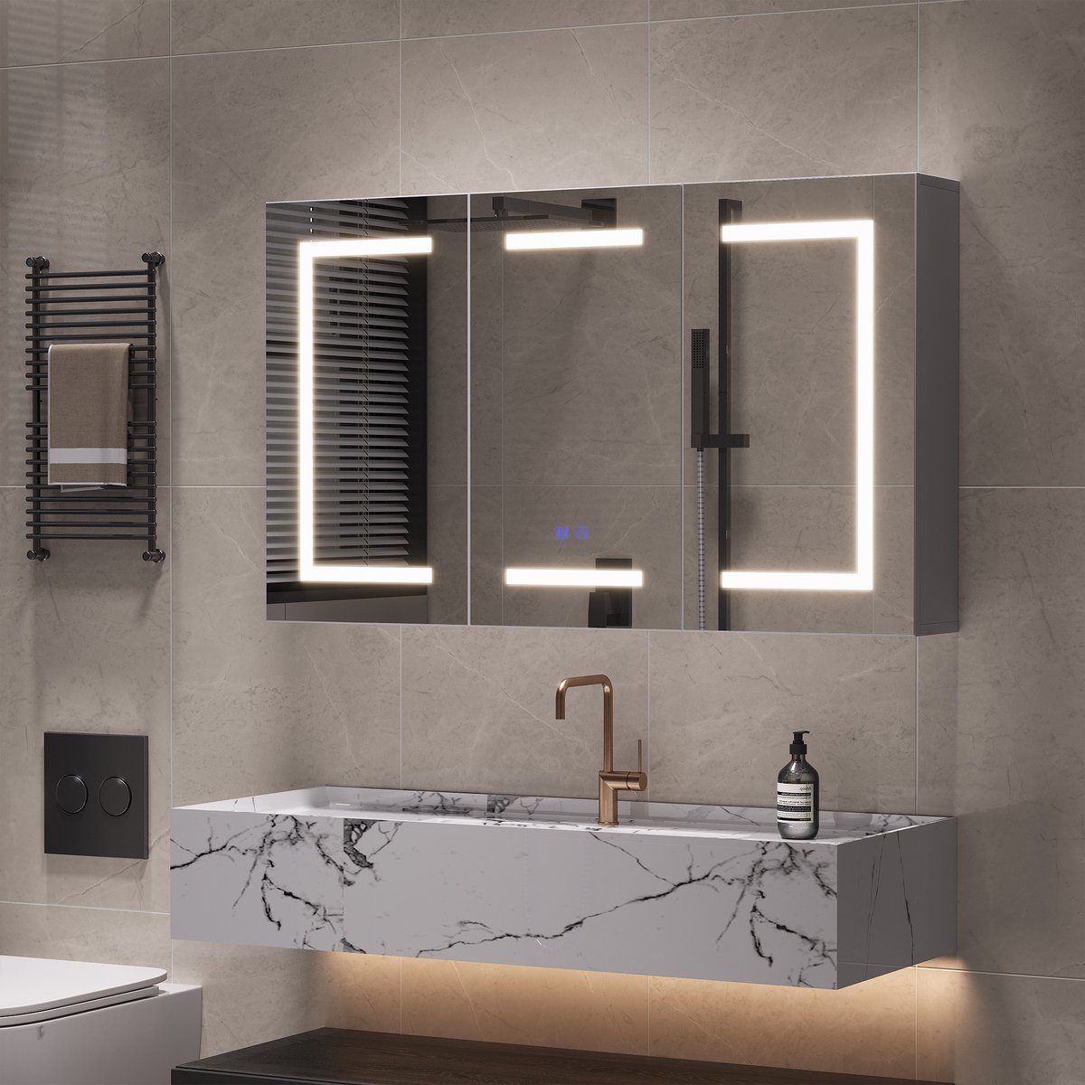 LED-badkamerspiegelkast met 3 kleuren LED-verlichting, anti-condensfunctie, badkamerkast met 3 deuren, wandmontage badkamerspiegelkast, 100,4 x 13,5 x 60 cm, wit