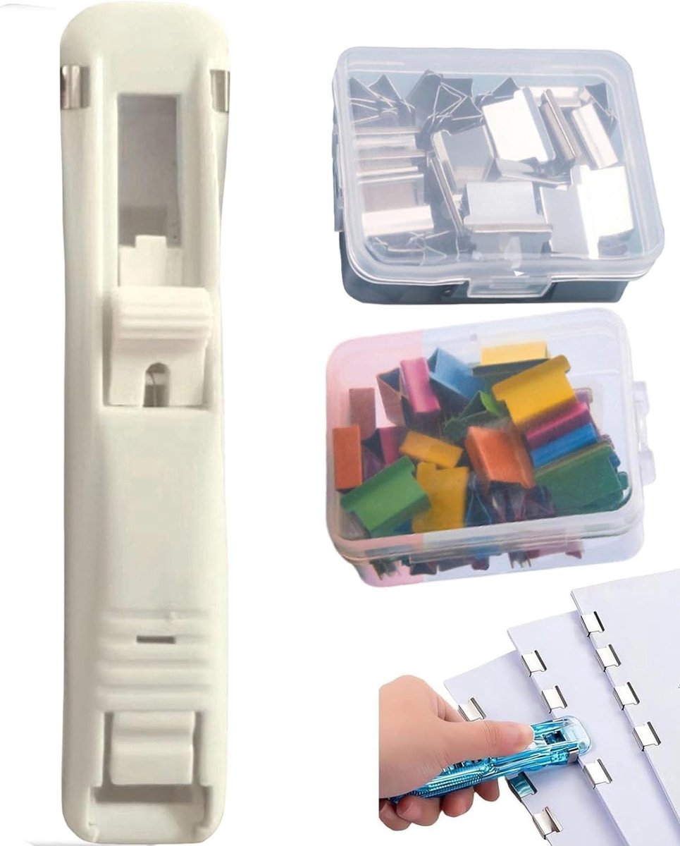 Binder Clip Nietmachine - Papierklem Dispenser - Documenten Binden - Navulbaar met 100 Clips - Niet gespecificeerd - Wit