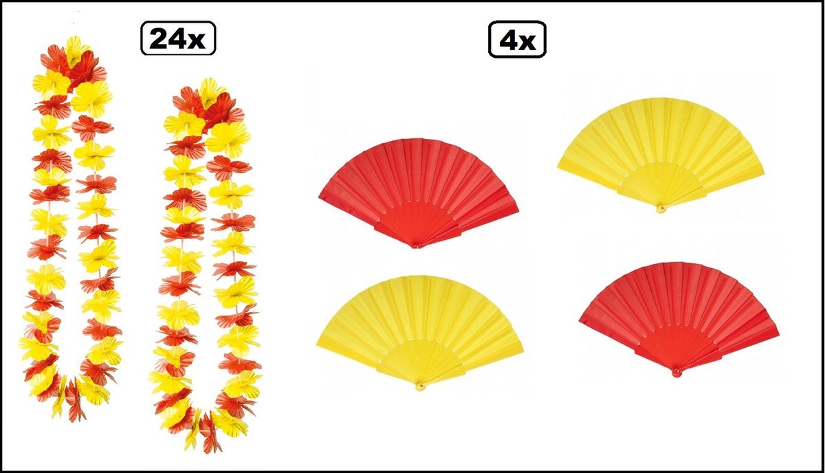 24x Hawaikrans rood/geel + 4x Waaier rood en geel - Tropical party WK Voetbal festival thema feest beachparty hawaii slinger