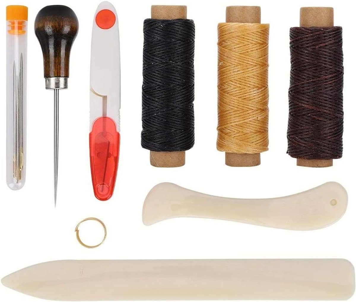Leer Naaiset - Handstikgereedschap - Leerbewerking - 18-delige knutselset - 50 m - Natuurlijk