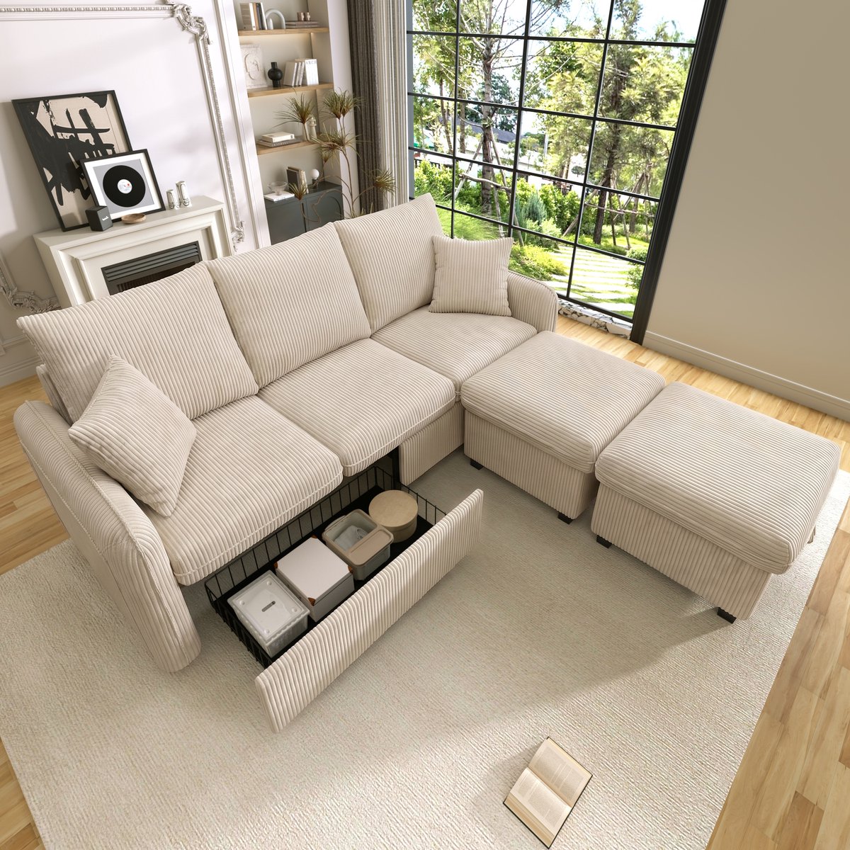 REDOM Hoekbank Sofa – 3-Zits Bank Met Slaapfunctie & Opbergruimte – Moderne Loungebank Voor Woonkamer – Zachte Ribstof Bekleding – Beige