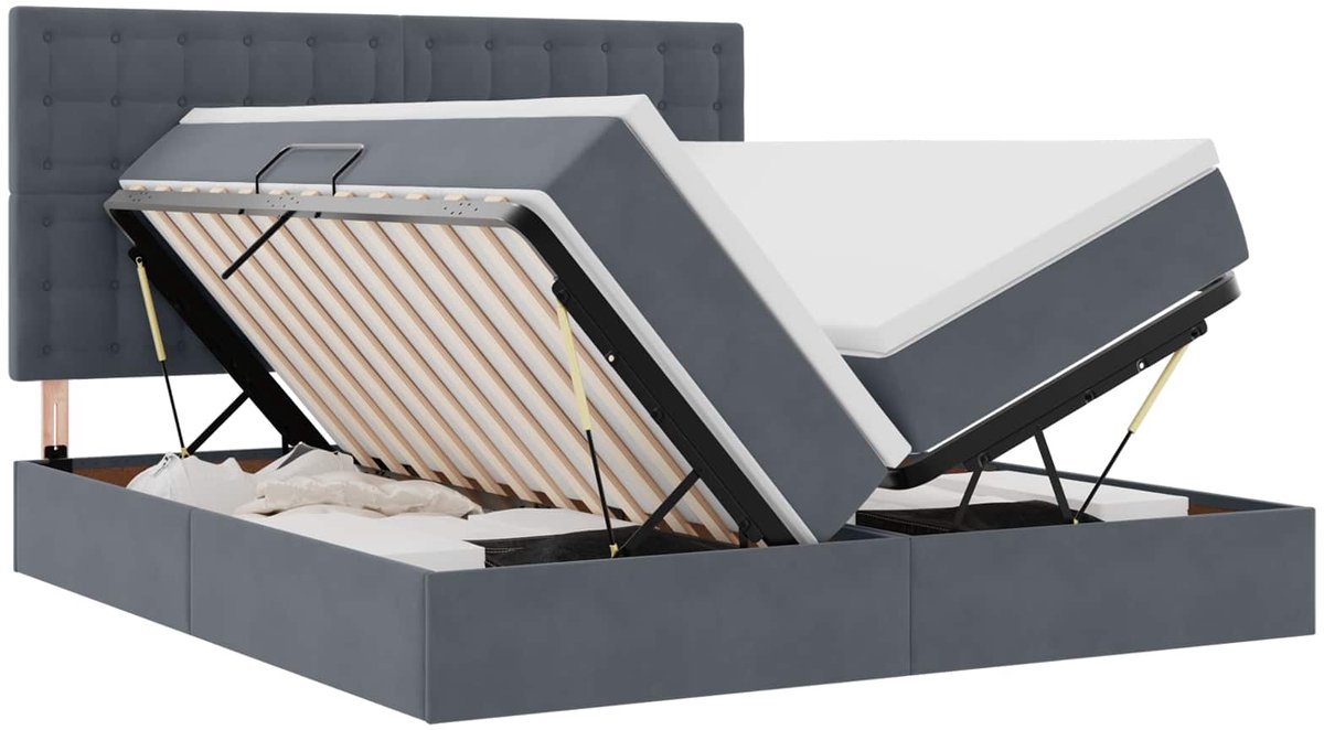 vidaXL LED - opbergbed - met - matras - Donkergrijs - 180 - x - 200 - cm - Fluweel