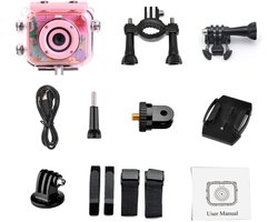 Camera-fotocamera-fototoestel-Cartoon Kindercamera Waterdicht – 1080P HD Actiecamera voor Kinderen – 2.0 Inch Scherm – Onderwatercamera tot 30 Meter – Incl. 16GB SD-kaart en Bevestigingskit – Foto en Video -roze