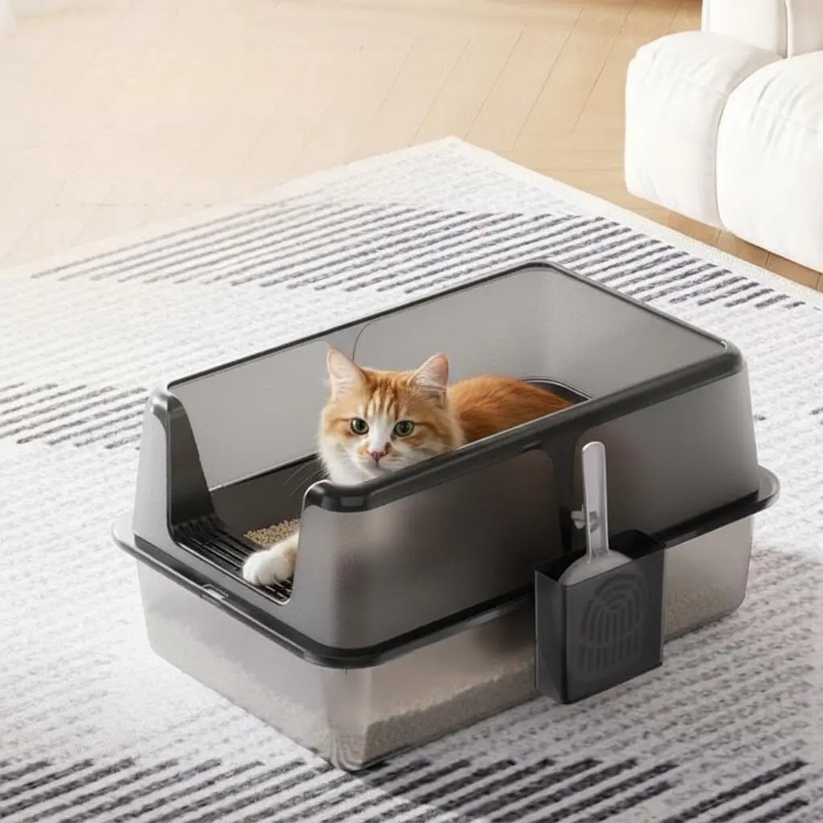 Geargalaxy Kattenbak - Kattentoilet - Katten wc - Kattenbak met Hoge Rand en Zeef - Katten toiletbak - 60x40x35cm - Zwart