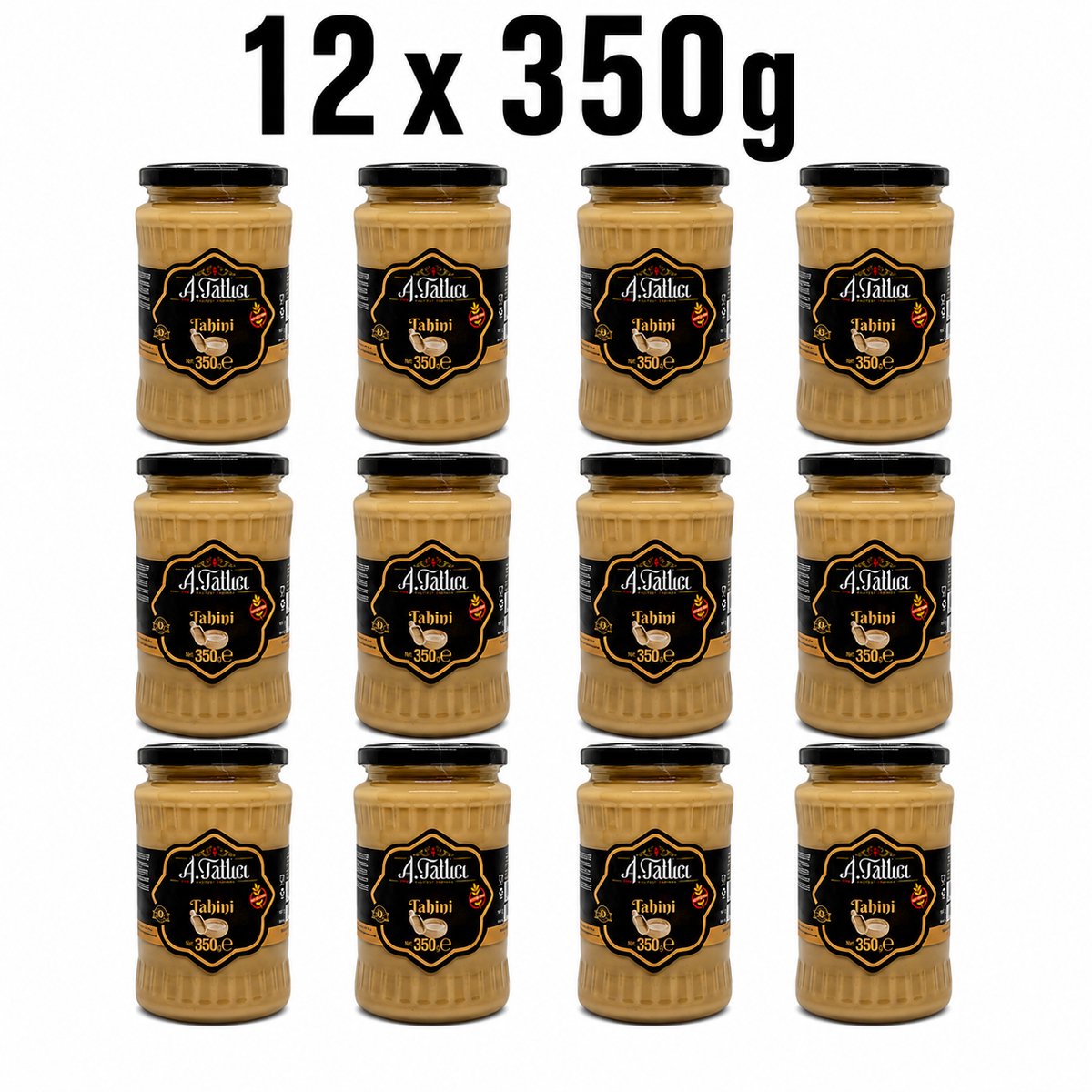 Abdurrahman Tatlici Tahin 100% Sesampasta – Glutenvrij Tahini & Zonder Toevoegingen – 12x 350g Glazen Pot | Rijk aan Calcium & Plantaardige Eiwitten | Voordeelverpakking