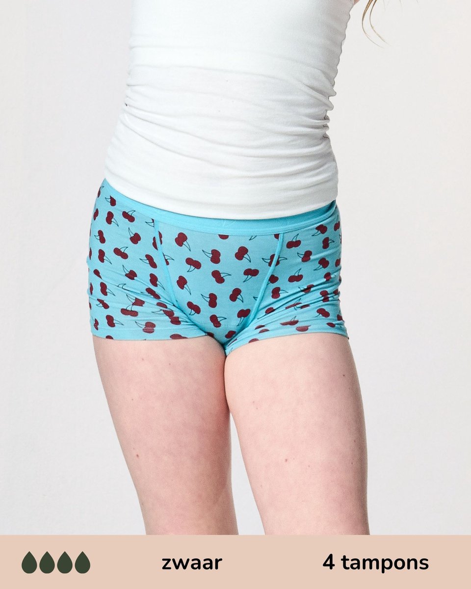 Moodies menstruatie ondergoed tiener - Bamboe Boyshort - hevig kruisje - maat 152-158 (XS) - print kersen