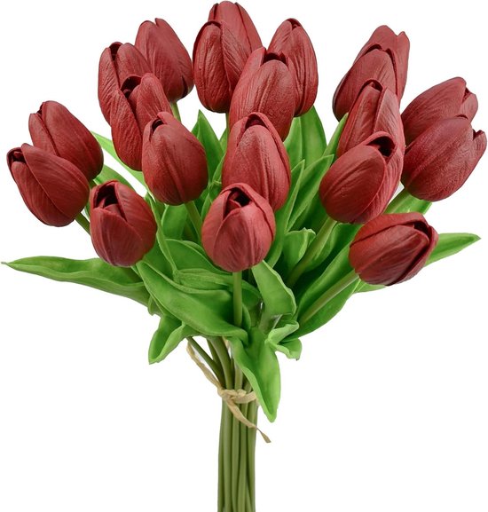 Kunst Tulp Bloemen - Zijden Tulpen Nep Bloemen - Decoratie Huis - Individuele Stelen Buigbaar - 35 cm Hoogte - Bourgondië