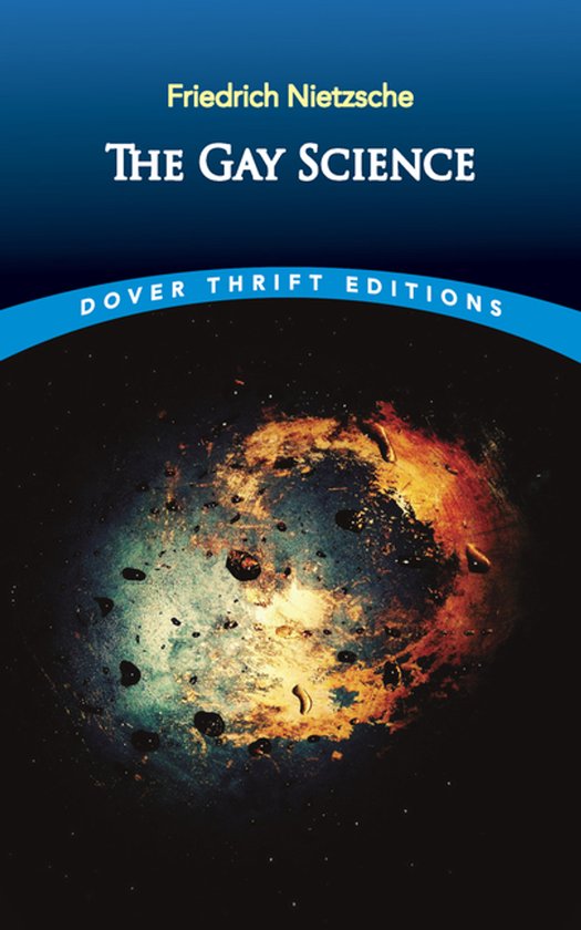 Boek "The Gay Science" van Friedrich Nietzsche, met een donkere achtergrond en een kosmisch centrum van oranje en gele kleuren.