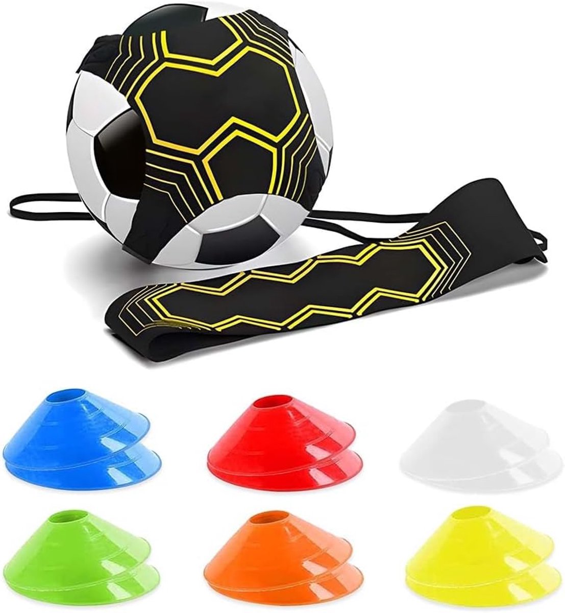 Training Set - Soccer - Kicktrainer - Kicking Trainer met 12 Hoeden - Voetbal en Verstelbare Tailleband - Trainingsapparaat - Handsfree - Solo - Universele Maat 3/4/5