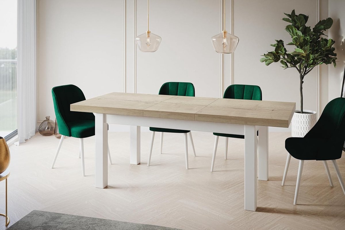 Uitschuifbare Rechthoekige Eettafel Halifax 170-250 x 90 x 78 cm met Witte Houten Poten – Moderne & Klassieke Design Eettafel voor Woonkamer en Eetkamer