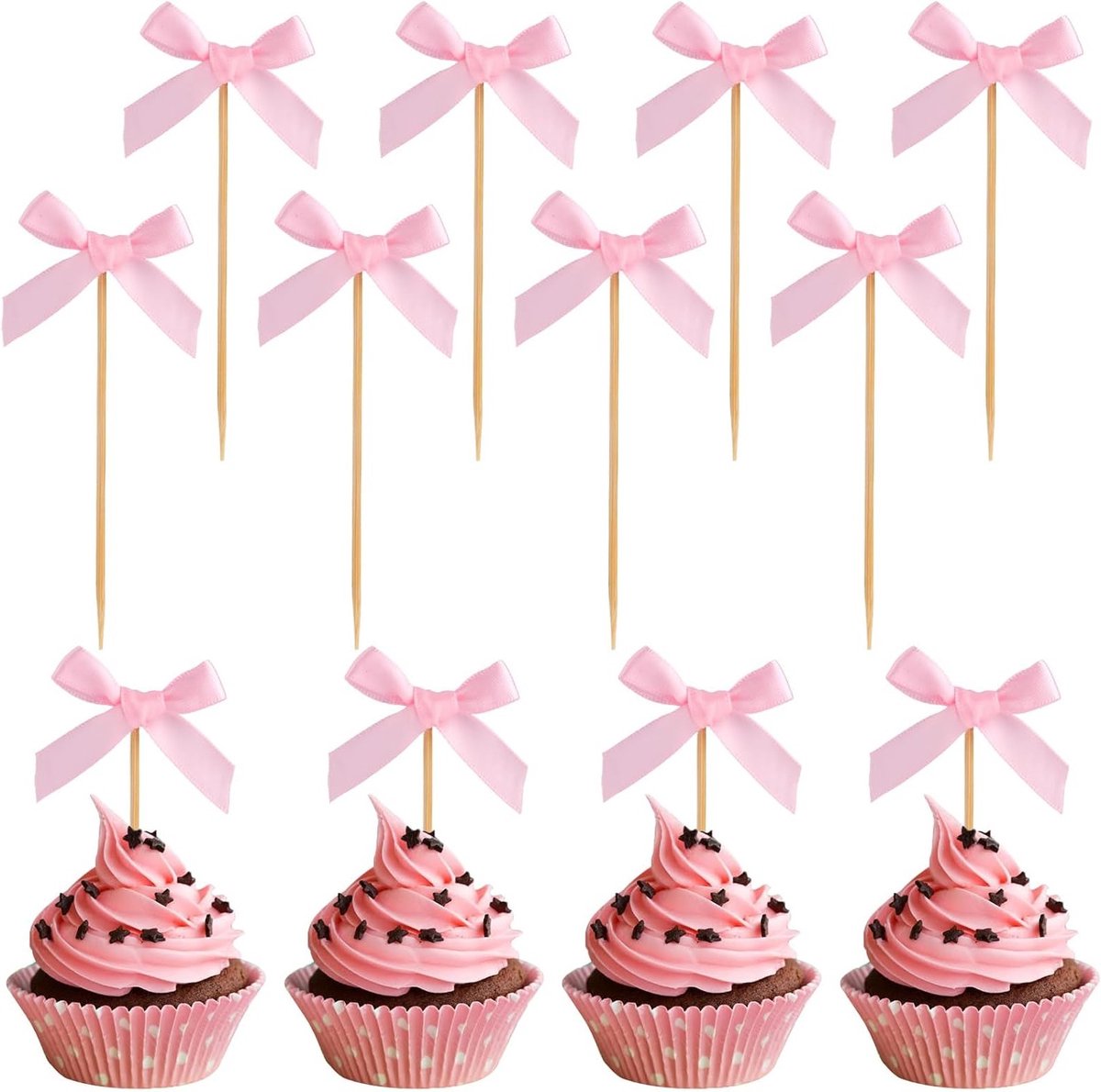 24 Stuks Roze Strik Cupcake Toppers - Versieringen voor Verjaardagen, Babyshowers en Feestjes met Strikthema