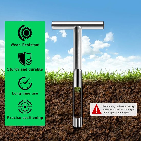 30 cm T-Vormige Grondmonster Probe - RVS met Wanddikte - Inclusief 2 Herbruikbare Monsterzakken voor Grondmonsters - Tuin - Plantenzorg - Boerderij - Gazon van Easydig — afbeelding 4