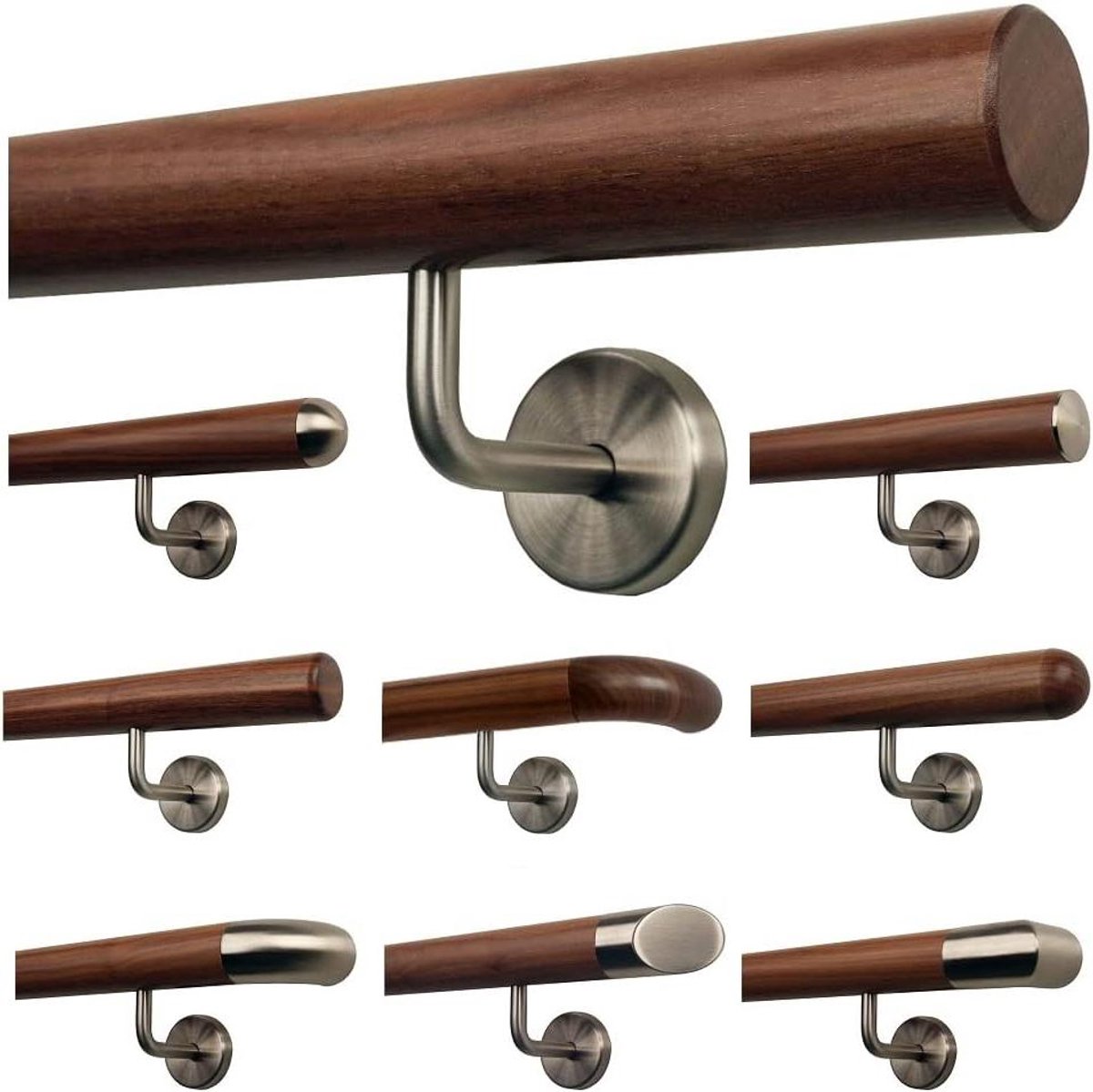 Notenhouten trapleuning - Handgreep gebogen - Veilig traplopen - Afgeschuind uiteinde - 60 cm - Naturel