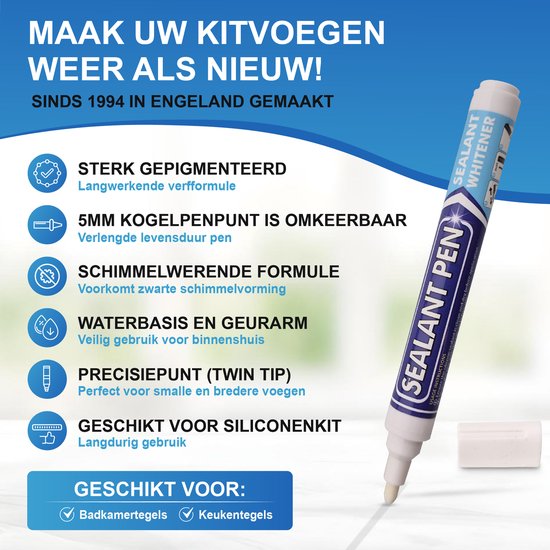 Sealant Pen Sealant Whitener met kenmerken zoals 5mm omkeerbare punt, schimmelwerende en waterbasis formule. Geschikt voor badkamer- en keukentegels.