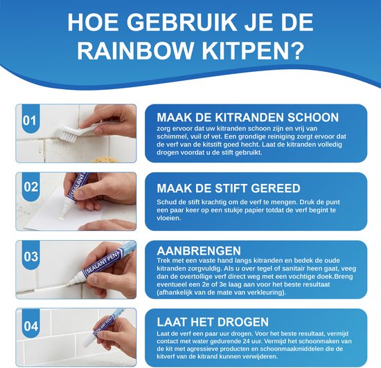 Instructies voor het gebruik van de Rainbow kitpen. Stappen om kitranden schoon te maken, pen voor te bereiden, aan te brengen en te laten drogen.