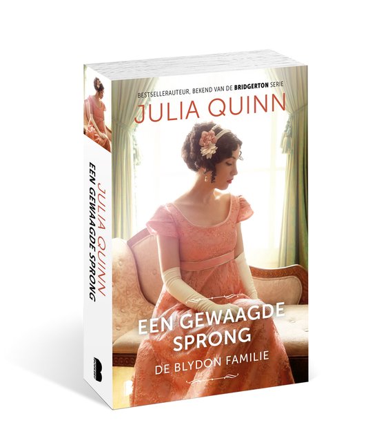 Boek met model in perzikkleurige baljurk. Julia Quinn, Een Gewaagde Sprong.