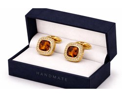 Manchetknopen met Citrien en Zirkonia Stenen - Luxe Manchetknopen - Cufflinks with Citrin and Zirconia Stones - Goud