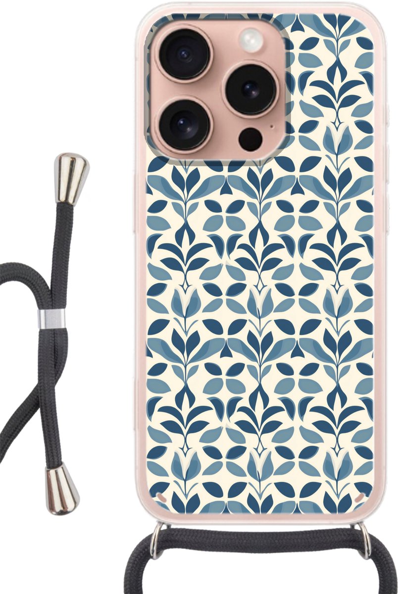 Telefoonhoesje Geschikt voor iPhone 16 Pro - Flora - Modern - Blauw - Siliconen - Crossbody - Backcover met Koord - Telefoonhoesje met koord - Hoesje met touw Telefoonhoesje