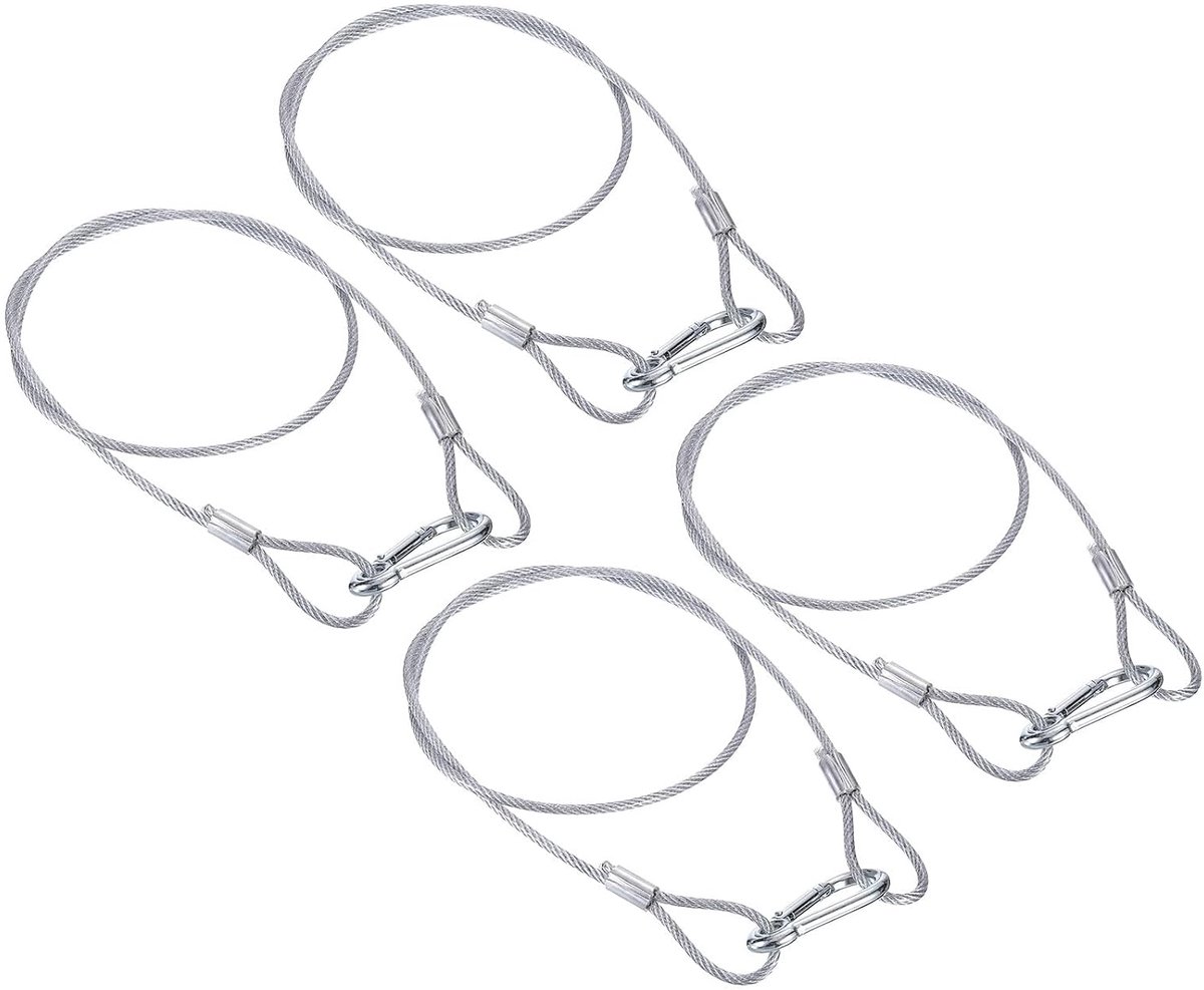 Stainless Steel Safety Cable 100cm - 4pcs 4mm Flexible Security Wire Rope - Double Loops with Hook voor Stage Lighting en Luggage - Silver