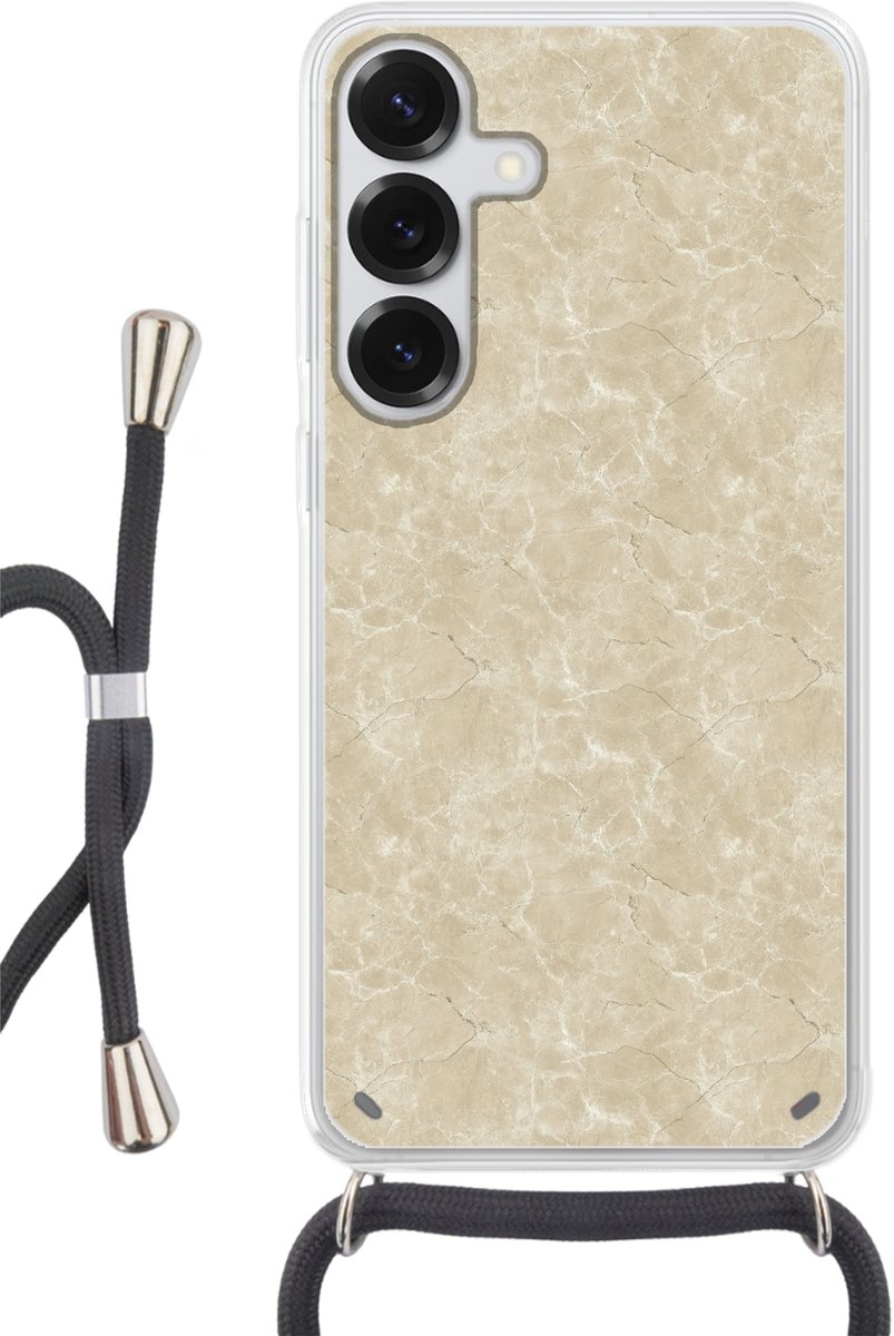 Telefoonhoesje Geschikt voor Samsung Galaxy S25 - Lichtbeige - Marmer print - Diffusie adering - Siliconen - Crossbody - Backcover met Koord - Telefoonhoesje met koord - Hoesje met touw Telefoonhoesje