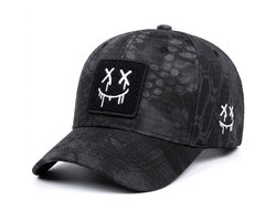 Zwart grijs camouflage baseball pet heren – cap met smiley patch en gebogen klep – verstelbare sportieve baseball pet met subtiel patroon – casual heren pet voor outdoor en dagelijks gebruik