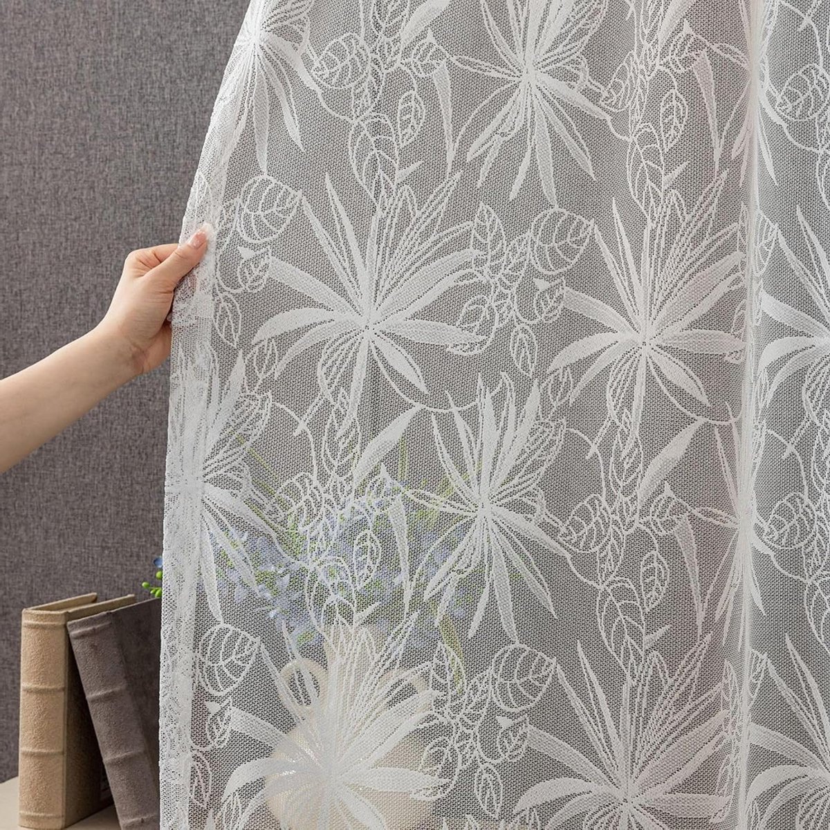 Jacquard Vitrage met zacht esdoornbladerenpatroon, halftransparant, wit bistrogordijn met