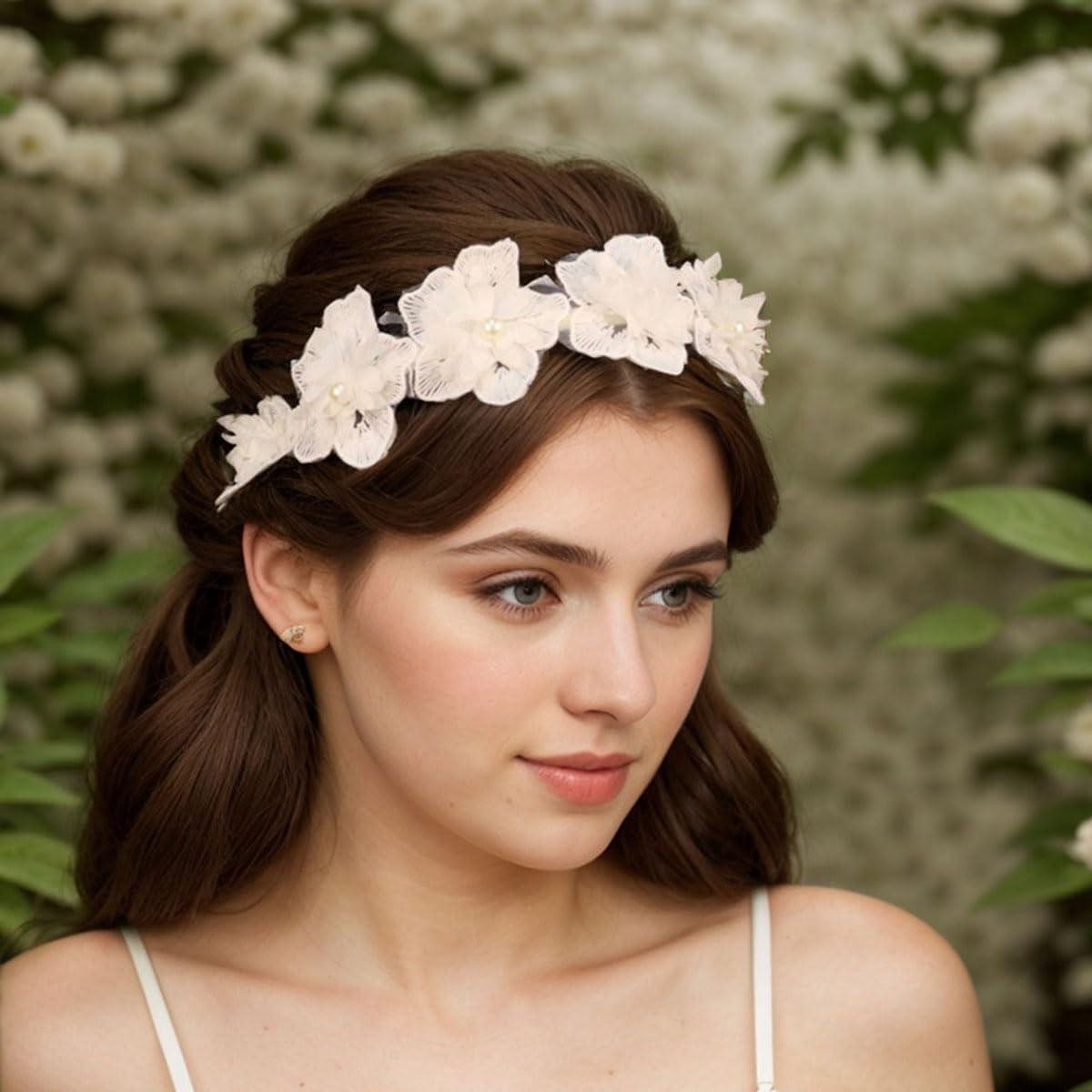 Bloemenkroon Hoofdband - Bruid Tiara - Bruiloft Accessoire - Delicaat Kant Ontwerp - Verstelbaar - Wit