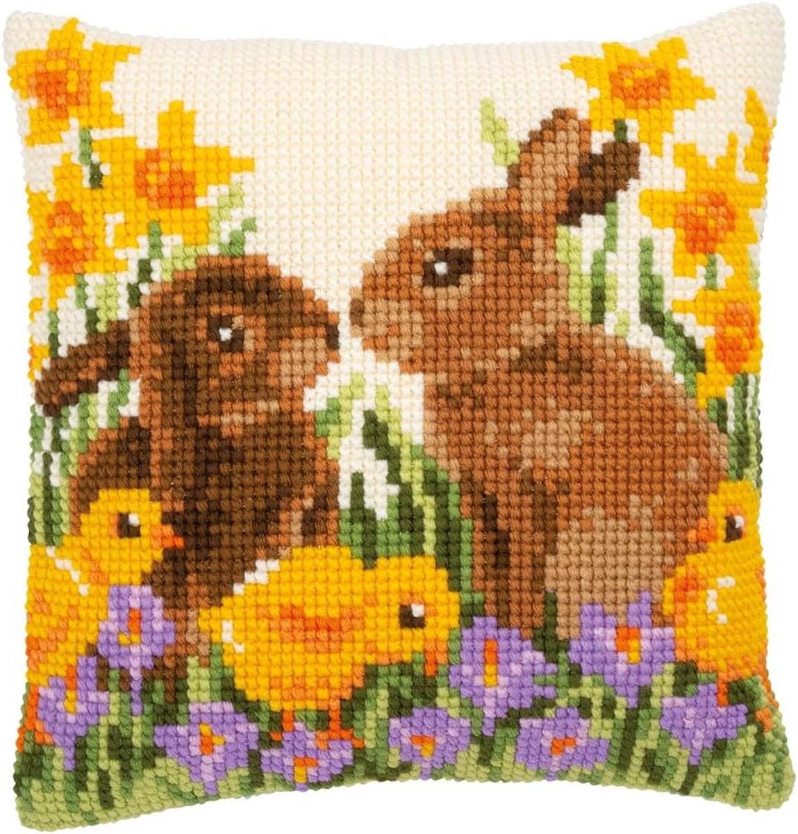 Borduurpakket Kussen Konijnen - Kruissteek Pakket Sierkussen - Zelf Decoratie Maken - Voorbedrukt Stramien - 40x40cm - Multicolor
