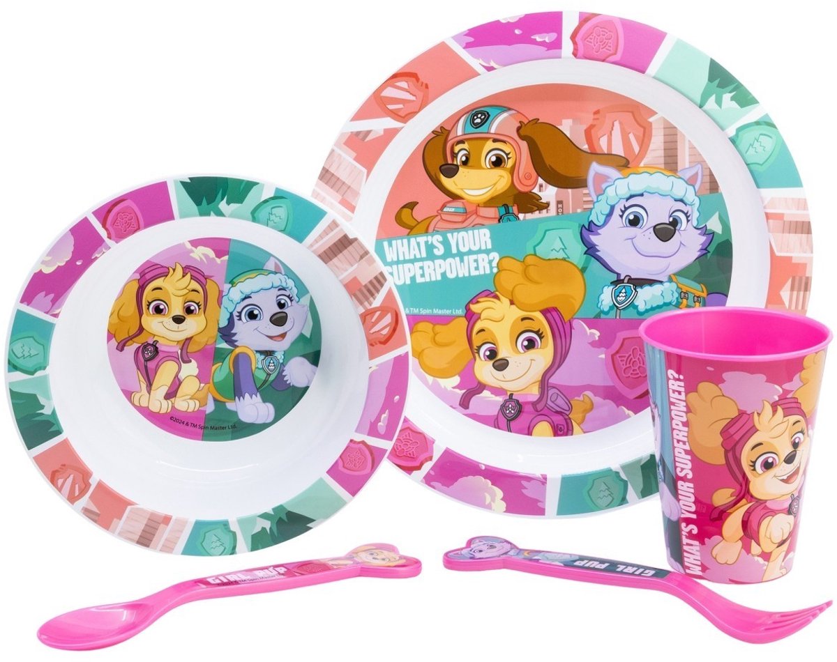 Paw Patrol Eetset 5 Delig Meisjes – Skye en Everest – Bord Kom Beker Bestek – Kinder Servies