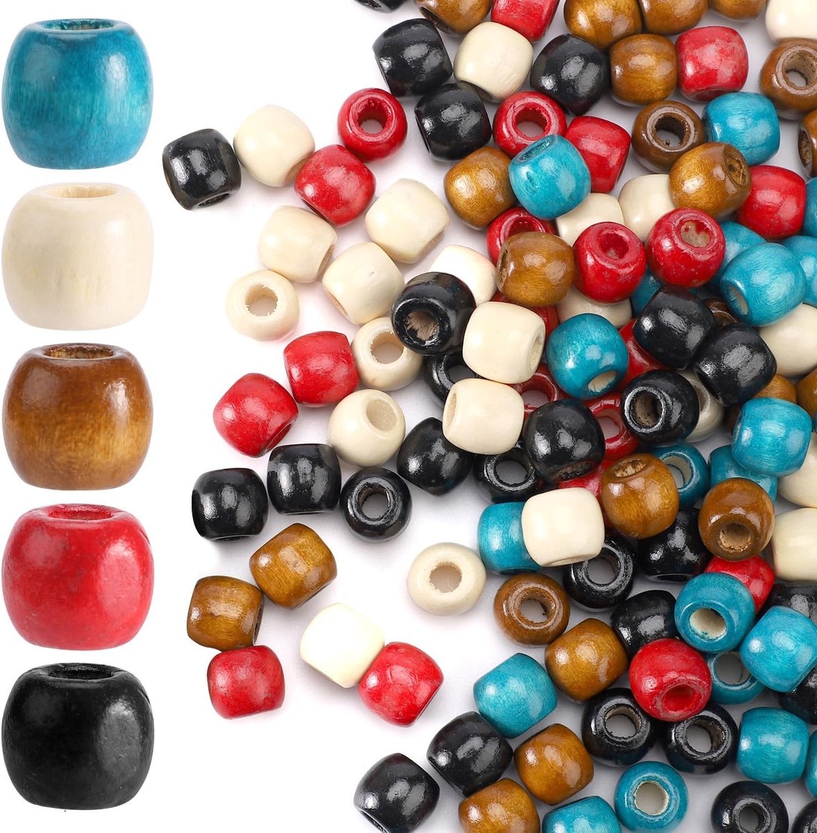 150 Stuks Grote Houten Kralen in 5 Kleuren voor Haaraccessoires, Sieraden en Knutselen - Ideaal voor Vlechten en Decoratie
