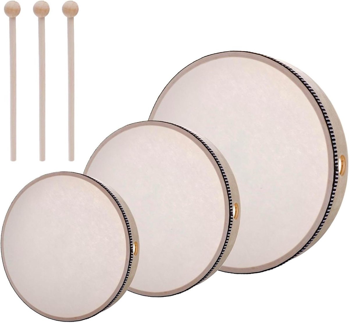 Handtrommel Set - Percussie Trommel - Muziek Leren - Drie Maten - 6 8 en 10 inch - Houtkleur