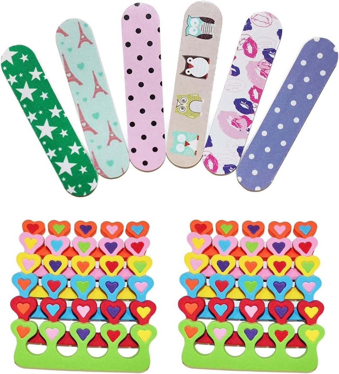 Nagelvijlen en Teen Separators - Manicure Pedicure Kit - Nagels Verzorgen - Hartvorm Separators - 6 stuks - Kleurrijk