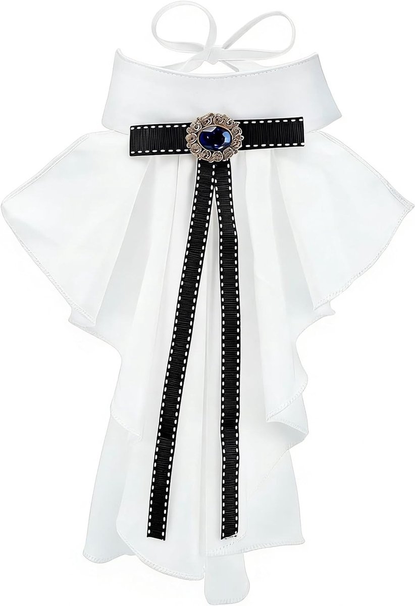 Vintage Jabot Collar - Afneembare Rimpel Kraag met Strass en Strik voor Dames, Ideaal voor Formele Retro Outfits en Blouses, 28.7x23cm, Wit