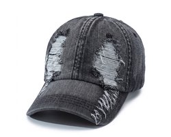 Zwart grijs distressed baseball pet dames en heren – cap met gescheurde denim look en gebogen klep – verstelbare vintage baseball pet met washed effect – unisex casual pet voor streetwear en dagelijks gebruik