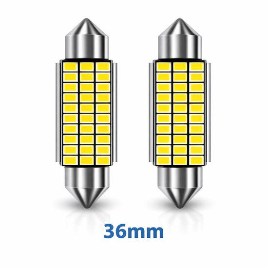 Twee LED lampen met zilverkleurige fittingen, 36mm lang, met een geeloranje gloed.