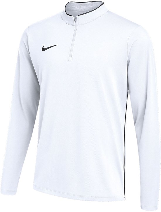 Wit Nike Dri-Fit trainingsshirt met lange mouwen, zwarte bies aan de zijkant en een rits bij de hals.