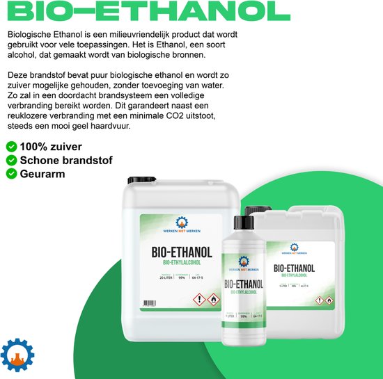 Canisters met BIO-ETHANOL, 99% zuiver, biologisch afbreekbaar. Beschikbaar in 1, 5 en 20 liter.