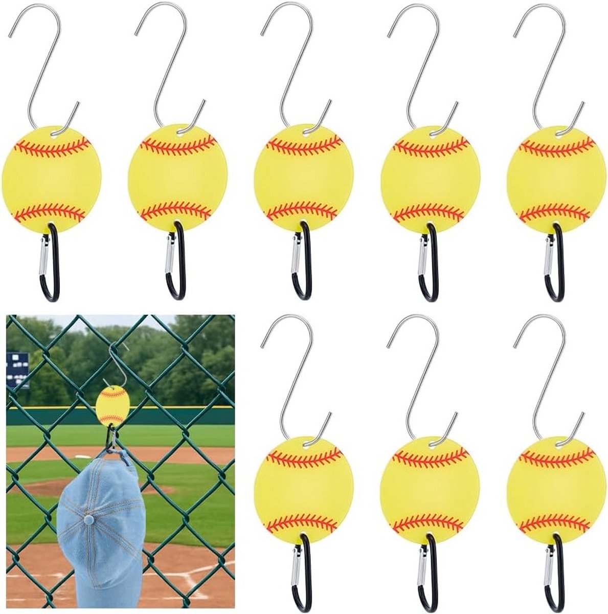 8 Sets Bag Hooks voor Hek, Acryl Sportbal Haken met Stevige S-Haak en Sleutelhangers voor Sporttassen, Waterflessen en Cadeaus voor Sportliefhebbers, Geel, 75x2.6mm, Gat: 2.6mm